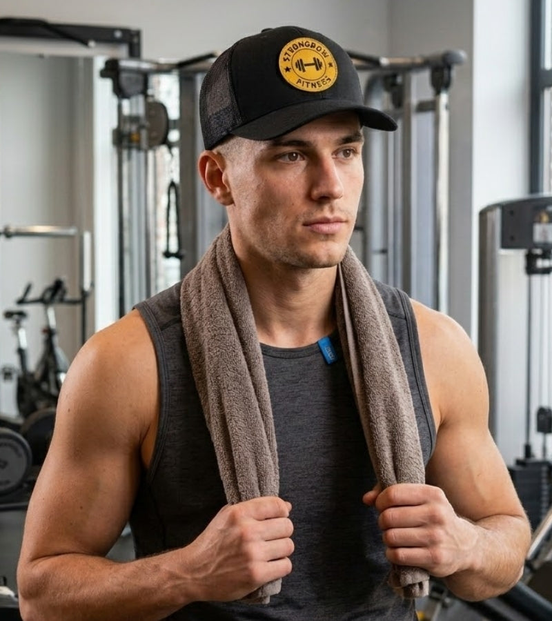 Fitness-Sportler in einem Gym mit schwarzer Cap und rundem Klett-Patch