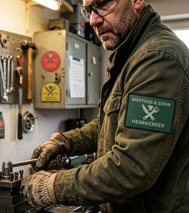 Handwerker in einer Werkstatt mit Patch auf der Arbeitsjacke