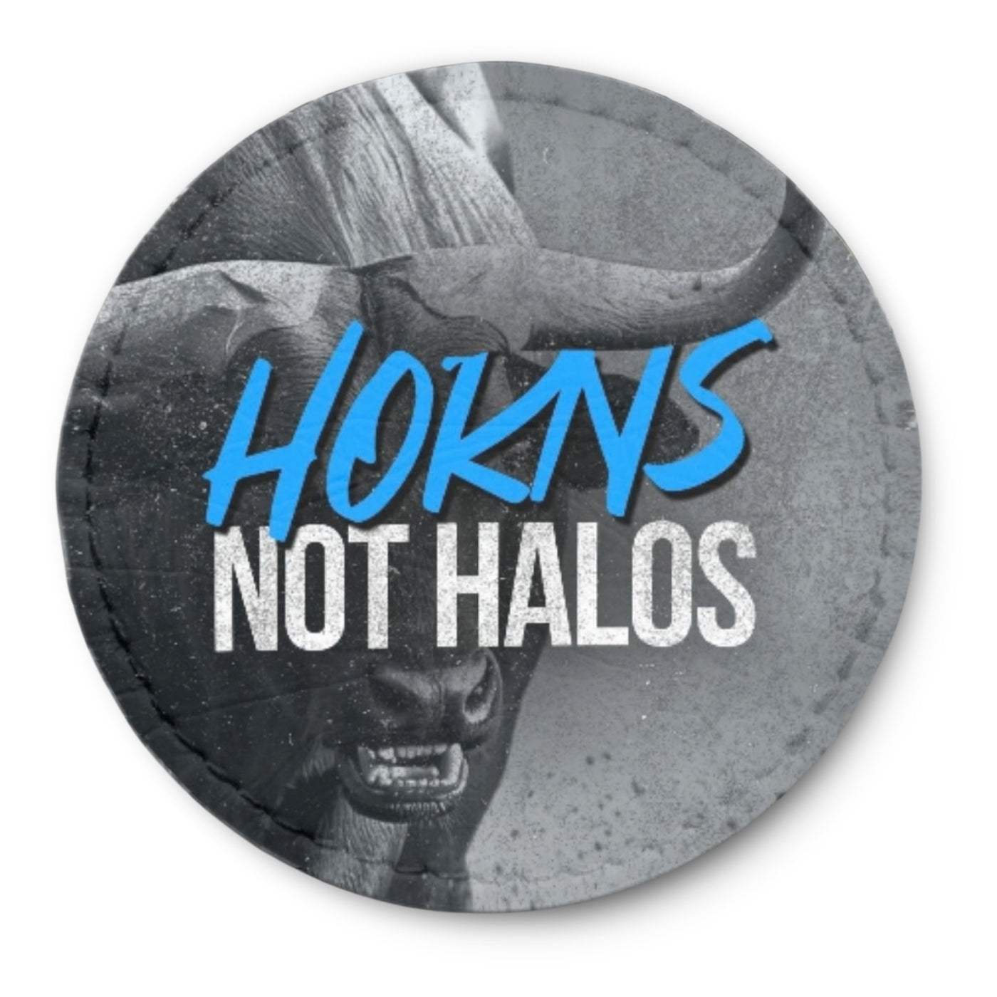 Runder Tech-Leather Patch „HORNS NOT HALOS“ mit Klett auf der Rückseite
