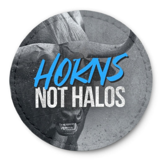 Runder Tech-Leather Patch „HORNS NOT HALOS“ mit Klett auf der Rückseite