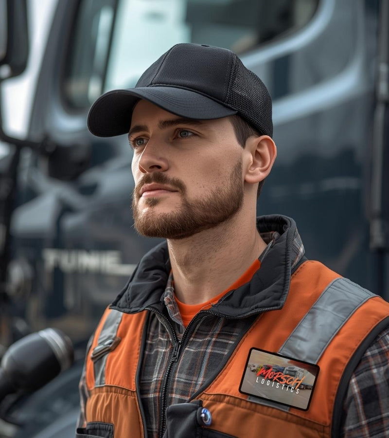 Transport-Unternehmen Mitarbeiter mit Arbeitsweste und rechteckigem Klett-Patch