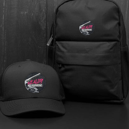 Reality Not Rainbows Patch auf Cap und Rucksack mit dunklem Hintergrund